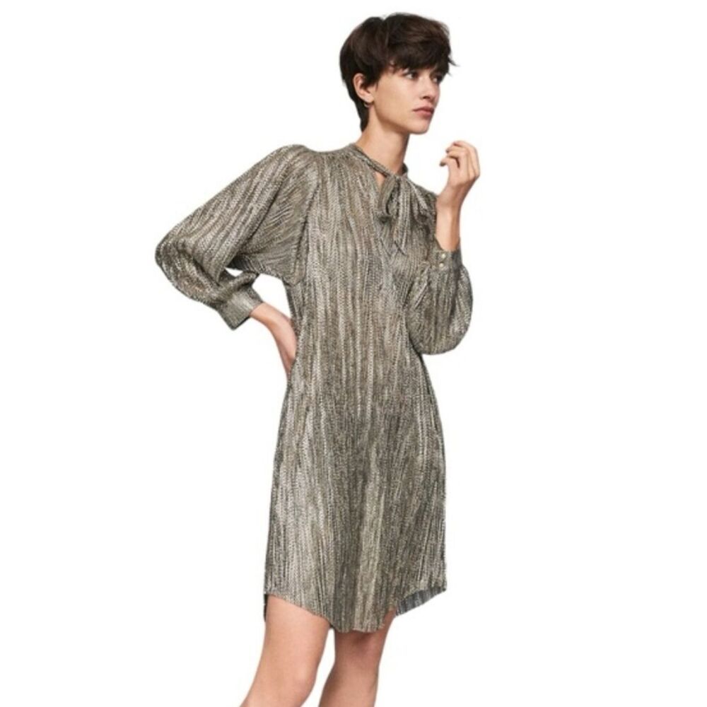 Sabina Musayev Eugena Gold Metallic Tie Neck Tunic Dress Pockets XS Petite